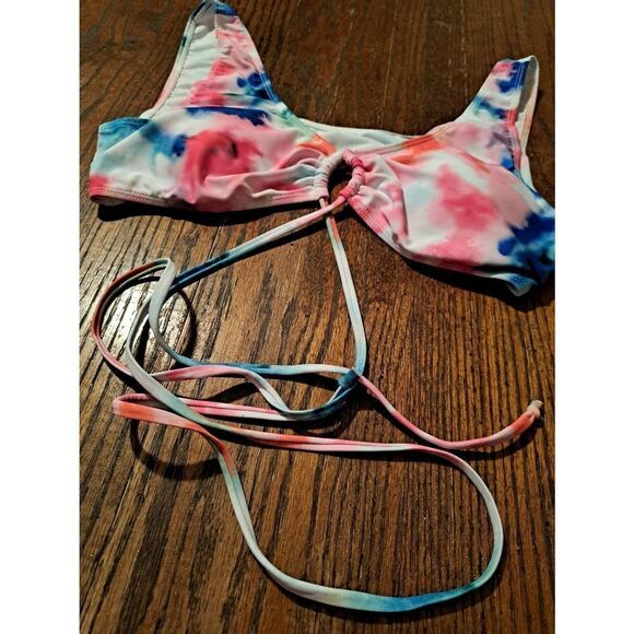 Large Tie Dye Strappy Lace Up Bikini Swimsuit Bathing Suit Swimwear Top Shirt - Picture 4 of 6
